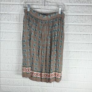 Comme Toi Elephant Boho Printed Midi Skirt in Light Brown and Teal